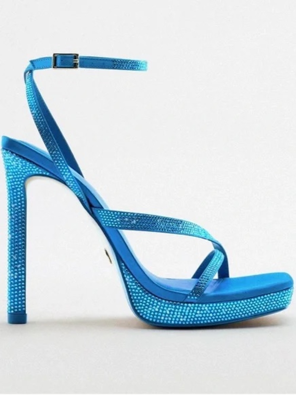 Zara Blue Rhinestone Platform Ankle-Strap High Heel Sandal